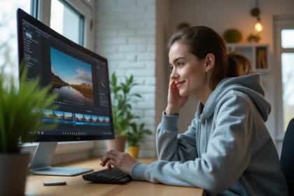 Jeune femme utilisant un logiciel de retouche photo sur ordinateur pour ouvrir et modifier des fichiers image au format JFIF