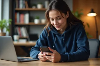 Jeune femme consultant les notifications de l'application mobile ENT77 sur son smartphone depuis un bureau à domicile