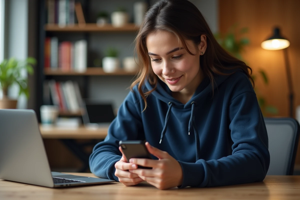 Jeune femme consultant les notifications de l'application mobile ENT77 sur son smartphone depuis un bureau à domicile