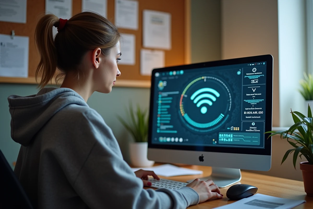 Jeune femme tapant sur un clavier avec un routeur WiFi à côté