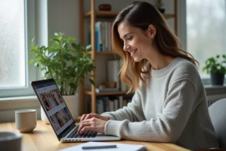 Femme organisant ses albums photos sur Amazon Photos depuis un bureau en bois avec un laptop ouvert