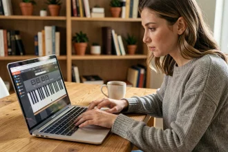 Femme jouant du piano virtuel gratuit sur un ordinateur portable dans un bureau à domicile cosy