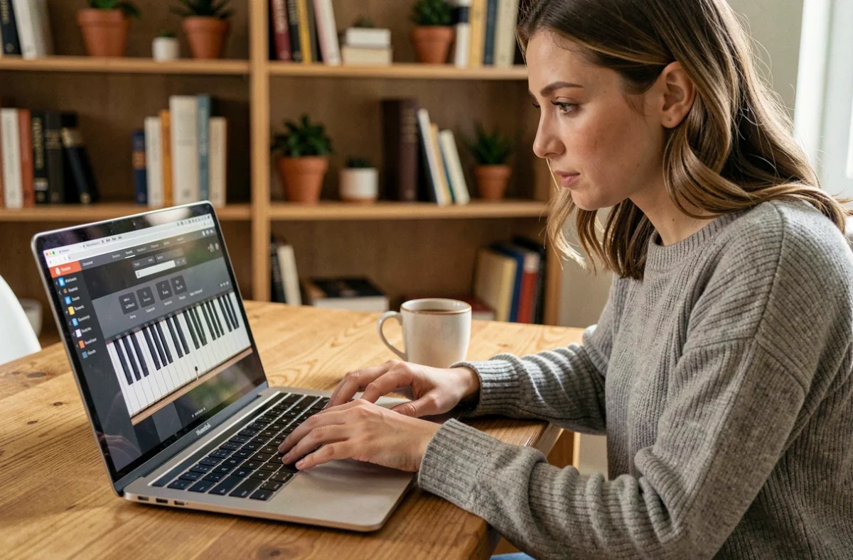 Femme jouant du piano virtuel gratuit sur un ordinateur portable dans un bureau à domicile cosy