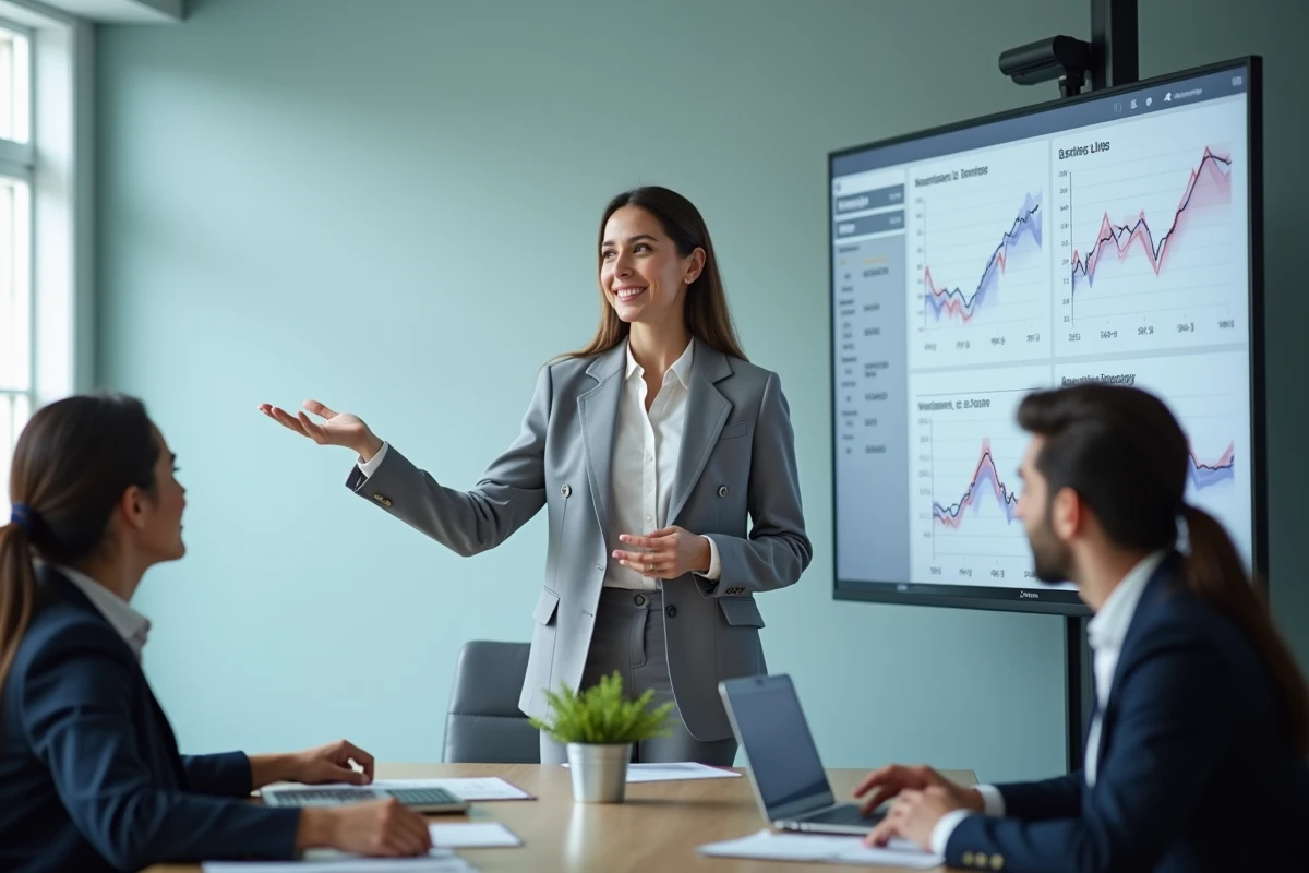 Femme professionnelle présentant des graphiques web en réunion