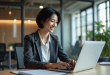 Femme professionnelle concentrée sur son ordinateur dans un bureau moderne