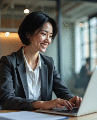 Femme professionnelle concentrée sur son ordinateur dans un bureau moderne