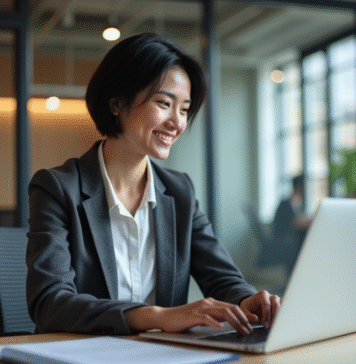 Génération de leads : HubSpot, efficace outil pour votre stratégie marketing ? Femme professionnelle concentrée sur son ordinateur dans un bureau moderne