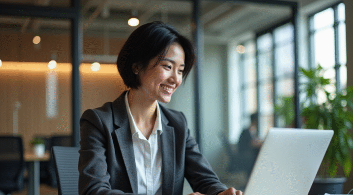 Femme professionnelle concentrée sur son ordinateur dans un bureau moderne