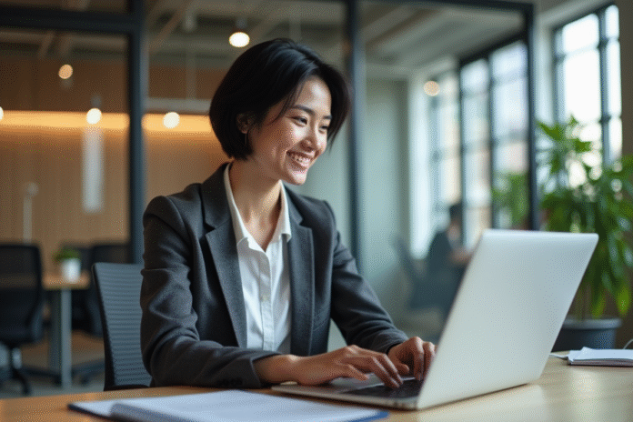 femme-professionnelle-bureau Femme professionnelle concentrée sur son ordinateur dans un bureau moderne