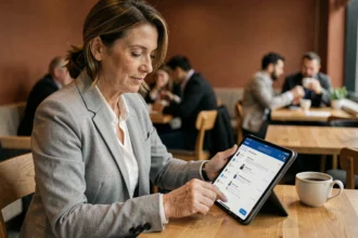 Femme professionnelle consultant son webmail HCL sur une tablette dans un café moderne