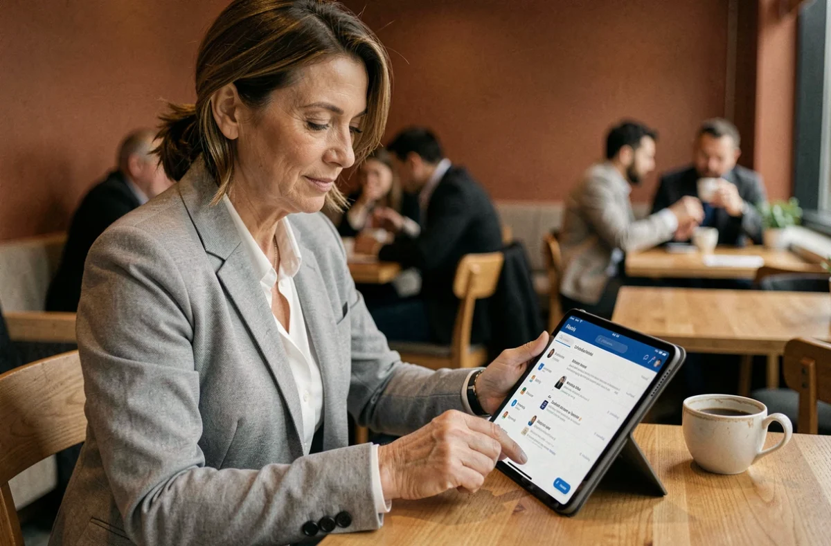 Femme professionnelle consultant son webmail HCL sur une tablette dans un café moderne
