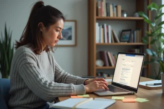 Femme utilisant Google sur un ordinateur portable dans un bureau à domicile pour des recherches avancées