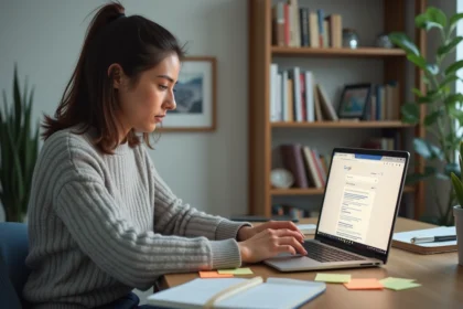 Femme utilisant Google sur un ordinateur portable dans un bureau à domicile pour des recherches avancées