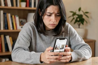 Femme inquiète regardant un iPhone avec des photos supprimées dans l'application Photos sur un bureau en bois