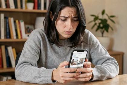 Femme inquiète regardant un iPhone avec des photos supprimées dans l'application Photos sur un bureau en bois