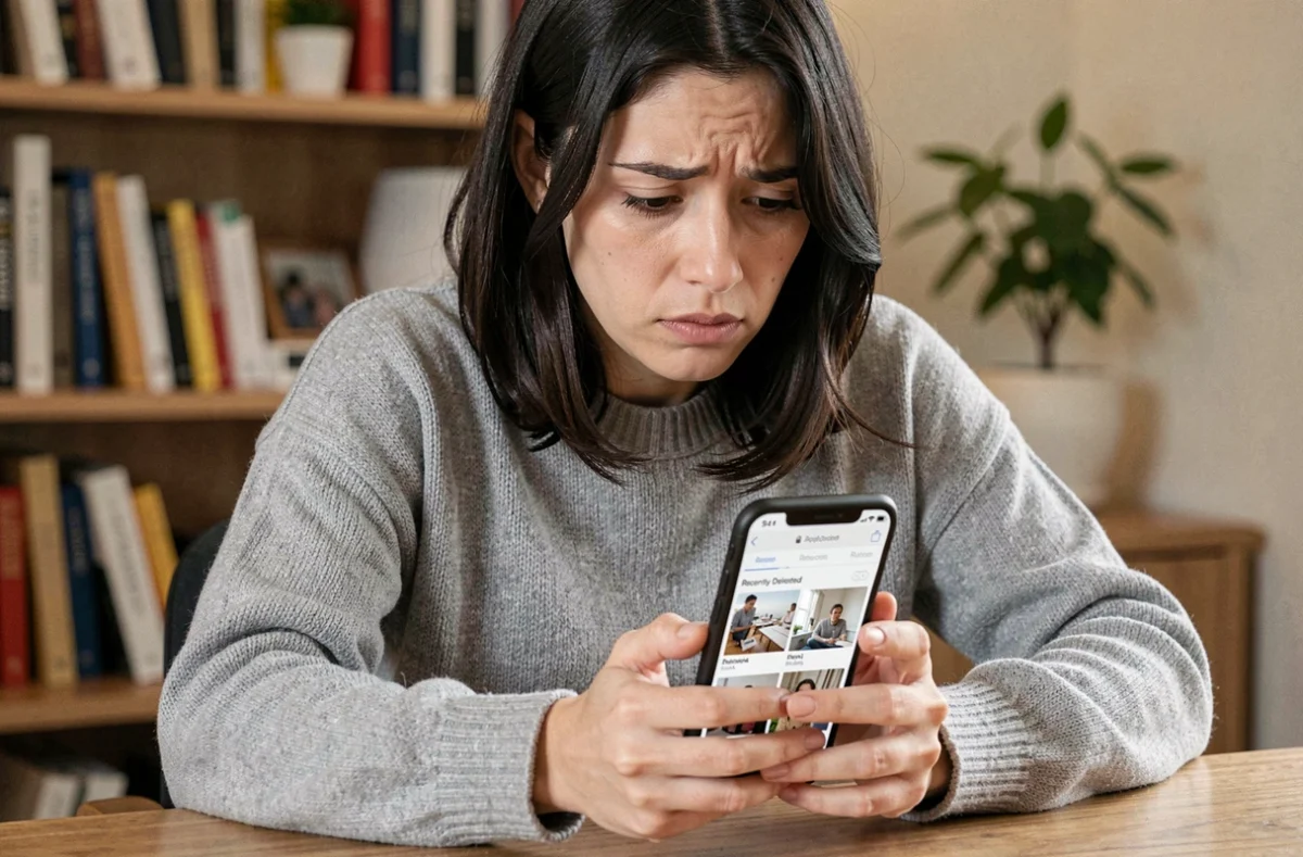 Femme inquiète regardant un iPhone avec des photos supprimées dans l'application Photos sur un bureau en bois