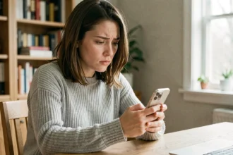 Femme consultant son iPhone pour récupérer des photos supprimées, assise à un bureau en bois dans un bureau à domicile