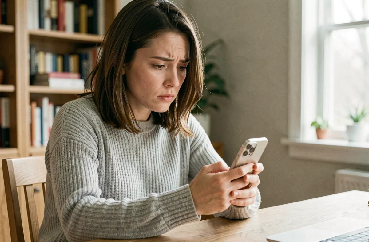 Femme consultant son iPhone pour récupérer des photos supprimées, assise à un bureau en bois dans un bureau à domicile