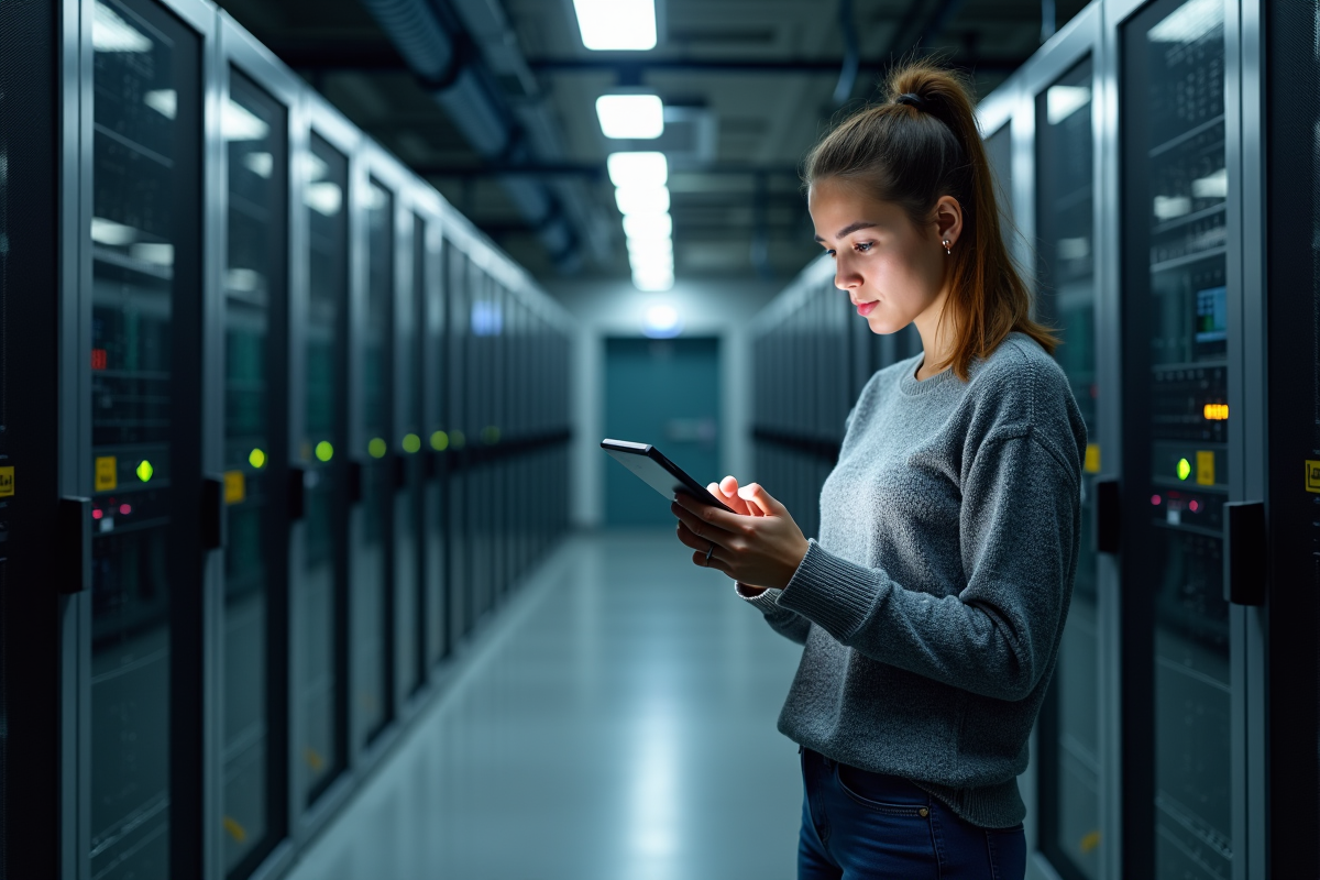 Jeune femme dans une salle serveurs avec tablette en main