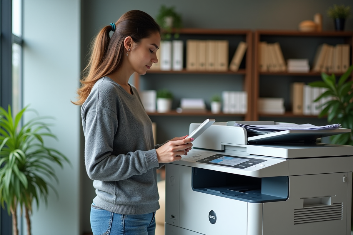 Femme scannant des documents près d