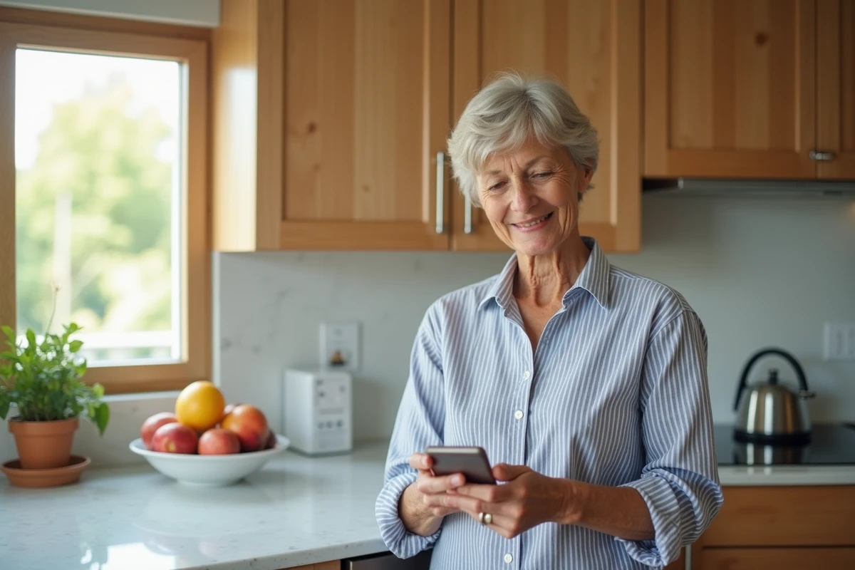 Femme senior consultant ses albums de souvenirs organisés sur Amazon Photos via smartphone dans une cuisine lumineuse