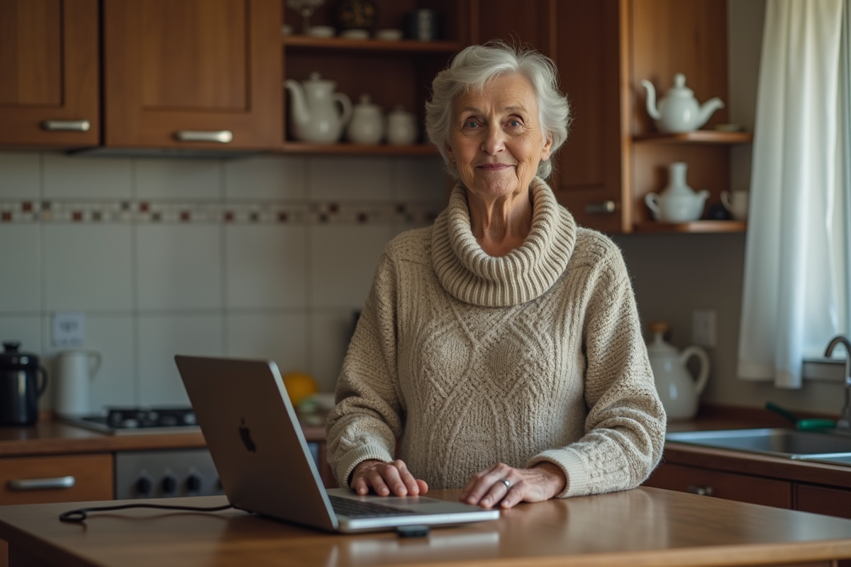 Femme âgée dans la cuisine avec clé USB et ordinateur