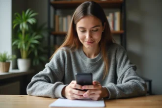 Femme utilisant le presse-papier Android sur son smartphone dans un bureau à domicile moderne