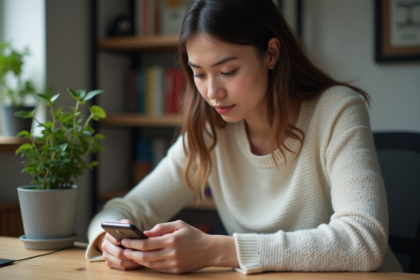 Femme assise à son bureau utilisant son smartphone pour la voix