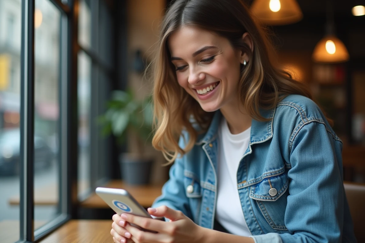 Jeune femme souriante vérifiant son smartphone au café
