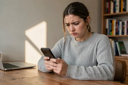Jeune femme méfiante regardant son smartphone, illustrant les risques des sites douteux pour les stories Instagram anonymes