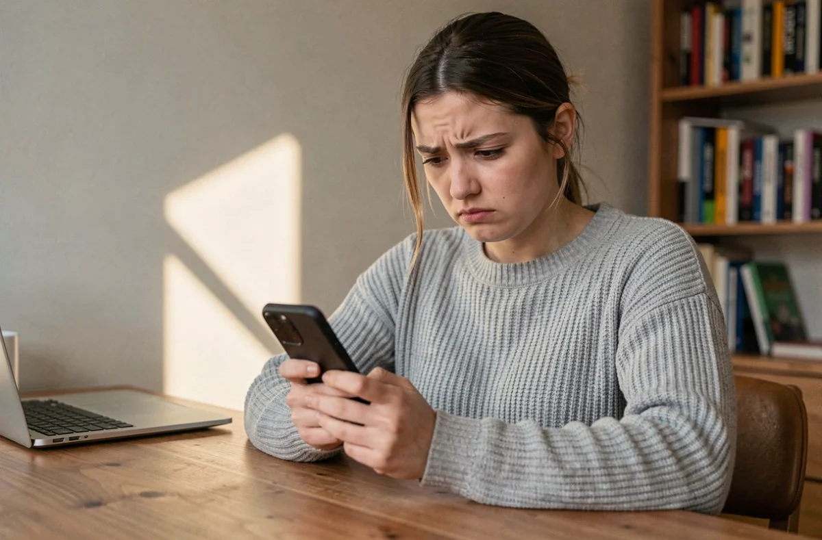 Jeune femme méfiante regardant son smartphone, illustrant les risques des sites douteux pour les stories Instagram anonymes