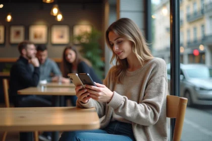 Jeune femme compare deux smartphones dans un café lumineux