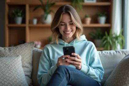 Jeune femme souriante avec smartphone dans un salon cosy