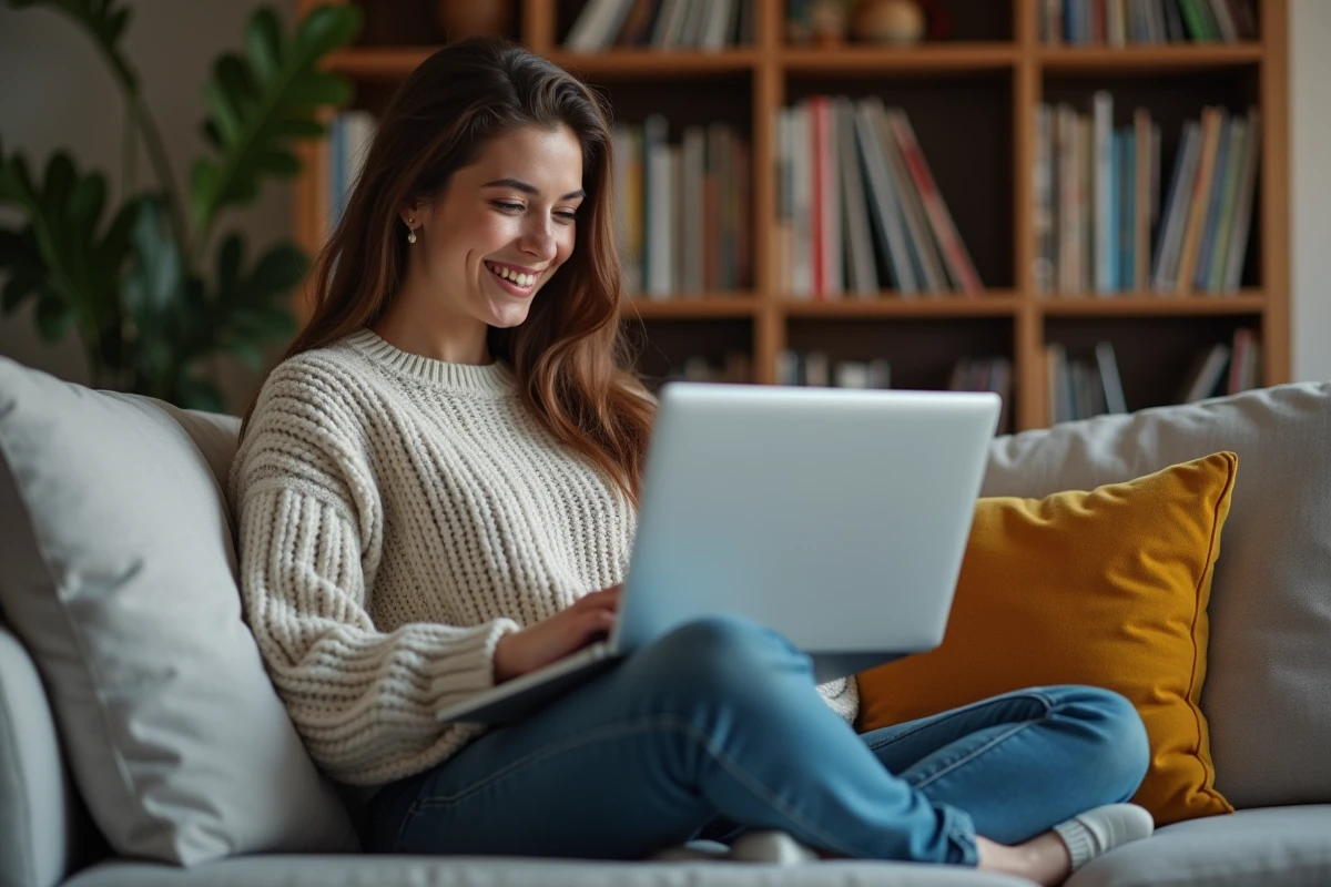 Jeune femme regardant un site de streaming dans un salon cosy