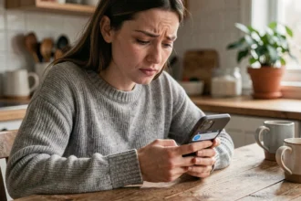 Femme consultant son smartphone pour gérer un contact sur Messenger, assise à une table de cuisine