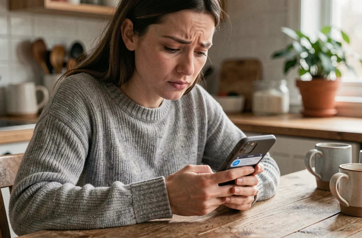Femme consultant son smartphone pour gérer un contact sur Messenger, assise à une table de cuisine
