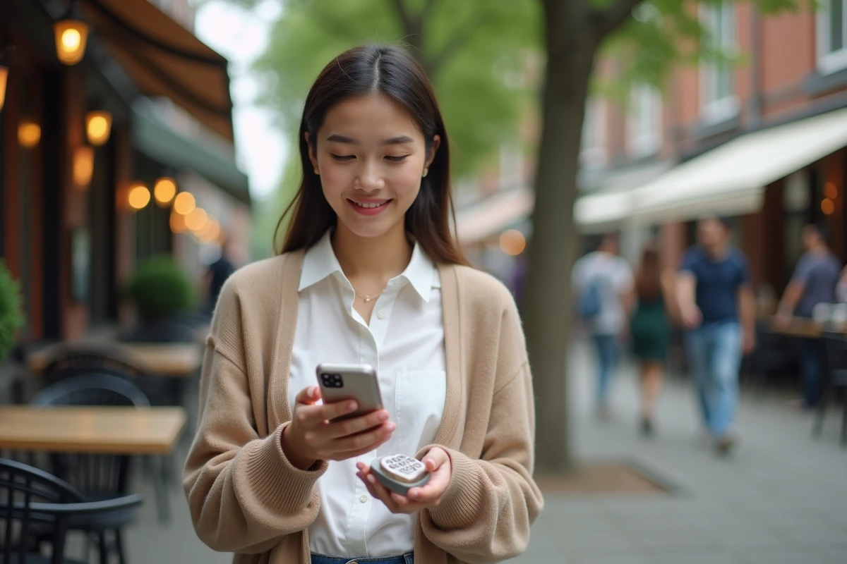 Femme souriante déballant un téléphone à clapet en extérieur