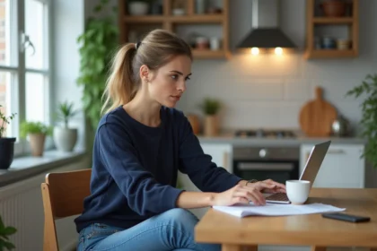 Femme avec résultats de test dans une cuisine lumineuse
