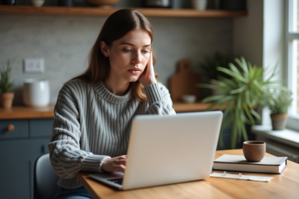 Jeune femme concentrée travaillant à la maison sur son ordinateur portable