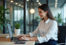 Jeune femme professionnelle travaillant sur un ordinateur en open space