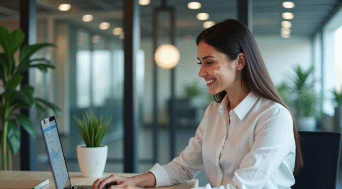 Jeune femme professionnelle travaillant sur un ordinateur en open space