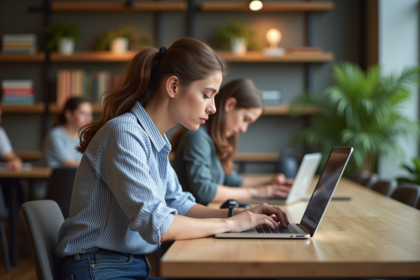 Jeune femme au travail sur un ordinateur dans un espace coworking