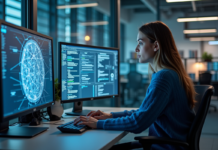 Intelligence artificielle : Découvrez la plus grande IA au monde Femme travaillant sur un ordinateur avec diagrammes de reseaux neuronaux