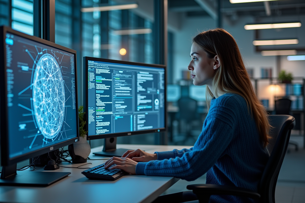 Femme travaillant sur un ordinateur avec diagrammes de reseaux neuronaux