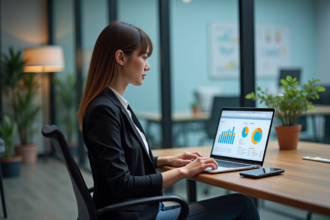 Femme en bureau moderne analysant des données