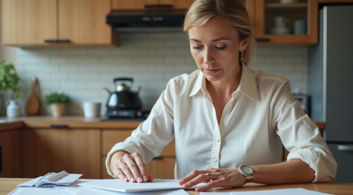 Femme triant du courrier dans une cuisine lumineuse