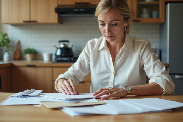 Femme triant du courrier dans une cuisine lumineuse