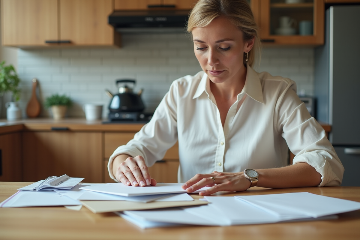 Femme triant du courrier dans une cuisine lumineuse