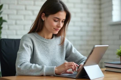 Femme consultant ses emails Webmail Normandie sur une tablette dans un bureau à domicile