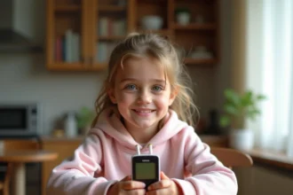 Jeune fille tenant un Nokia 3310 pour enfants à la maison, premier téléphone sans écran addictif